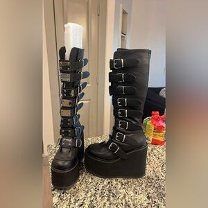 Demonia Black Multi-Buckle Platform Boots